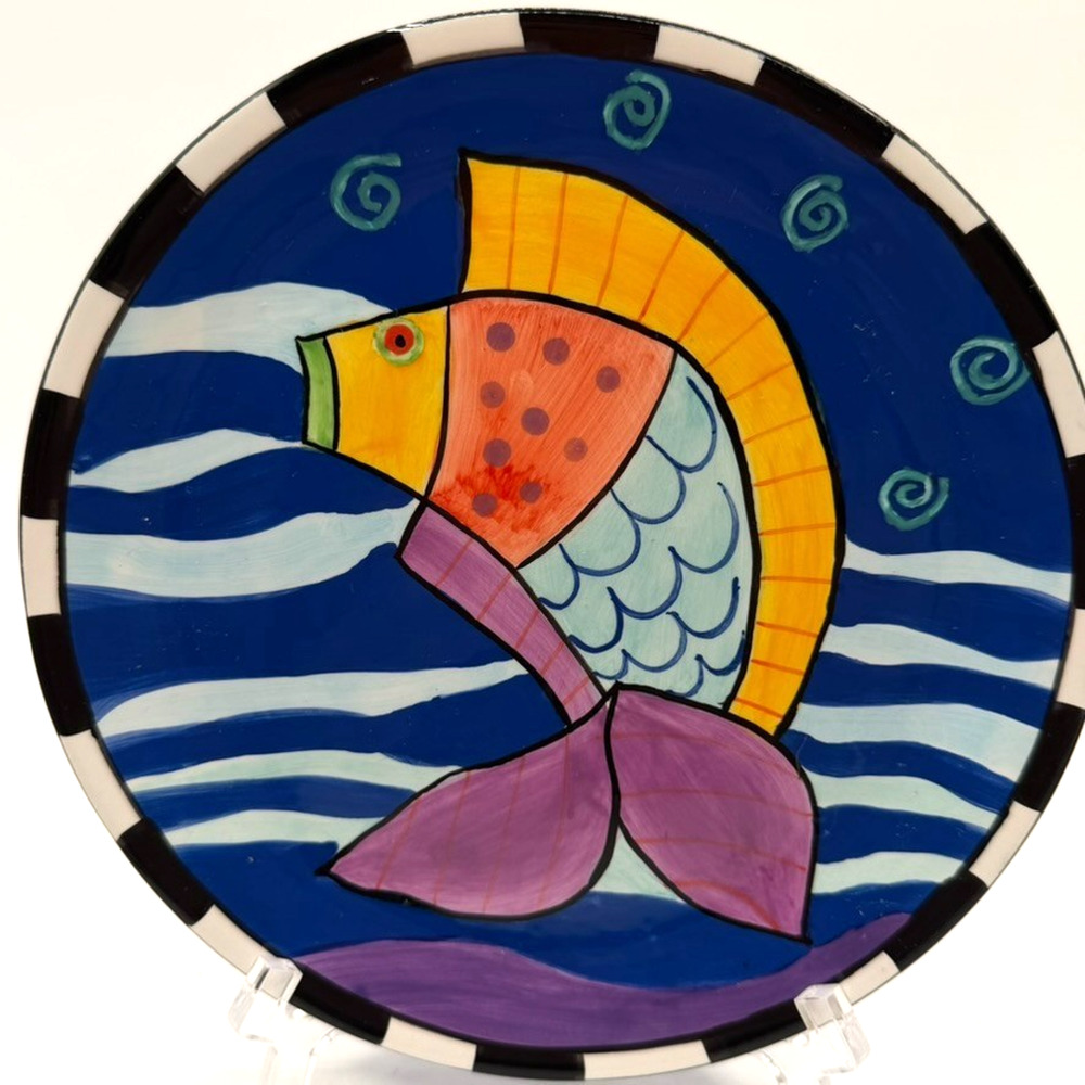 1998 Laurel Burch  8" Serving Platter with Fish Motif~Hand Painted